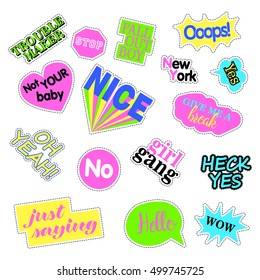 Pop art set with fashion patch badges. Stickers, pins, patches, quirky, handwritten notes collection. 80s-90s style. Trend. Vector illustration isolated. Vector clip art.