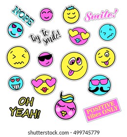 Pop art set with fashion patch badges. Smiles set. Stickers, pins, patches, quirky, handwritten notes collection. 80s-90s style. Trend. Vector illustration isolated. Vector clip art