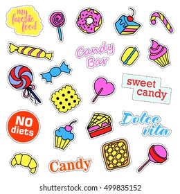 Pop art set with fashion patch badges. Stickers, pins, patches, quirky, handwritten notes collection. 80s-90s style. Trend. Vector illustration isolated. Vector clip art.