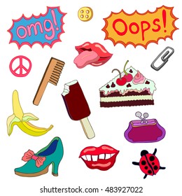 Pop art set. Hand drawn stickers inspired by 1980-1990s comics design. Lips, sweets, heart, shoes. 