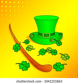 Pop art set on the theme of Saint Patric Day. The gnome hat, clover, cane or trole. Imitation comic style vector illustration