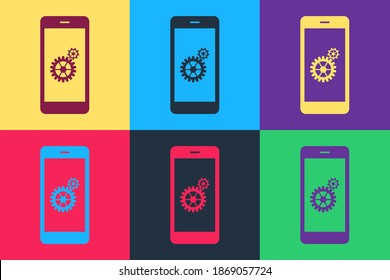 Pop-Art Einstellung auf Smartphone-Bildschirm Symbol einzeln auf Farbhintergrund. Mobil und Getriebe. Anpassen von App, Einstellungen, Reparatur, Fixieren von Telefonkonzepten. Vektorgrafik.