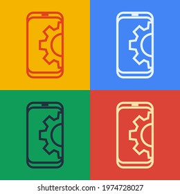 Pop art Setting on smartphone line icon set isolated on color background. Adjusting, service, setting, maintenance, repair, fixing.  Vector Illustration