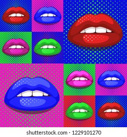 Pop art sexy lips pattern, woman lipstick kiss abstract background, pop art wallpaper, vector illustration, dotted background.