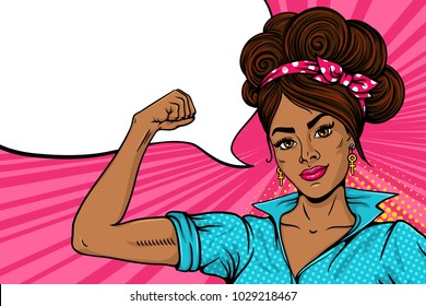 Pop art sexy strong girl with dark skin smiling and rising her fist and speech bubble. Female power, woman rights, protest, feminism. Vector bright background in retro comic style. Invitation poster.