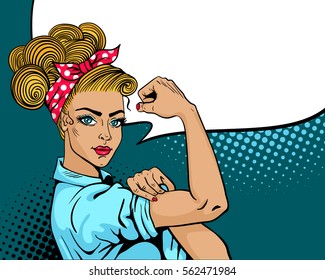 Pop art sexy strong woman. Classical american symbol of female power, woman rights, protest, feminism. Vector colorful hand drawn background in retro comic style. We Can Do It poster