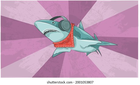 Pop Art Shark Listenning To Hip Hop In Her Headphones, Wearing Bandana. Comics Cartoon Style Can Be Good For Your Music Video, Album Or Single Cover, Presentation, Advertisment Or Tattoo.