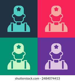 Pop art Sheriff cowboy hat with star badge icon isolated on color background. Police officer.  Vector