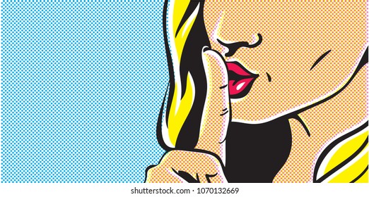 Pop art shhh woman, woman with finger on lips, silence gesture, pop art style woman banner, shut up
