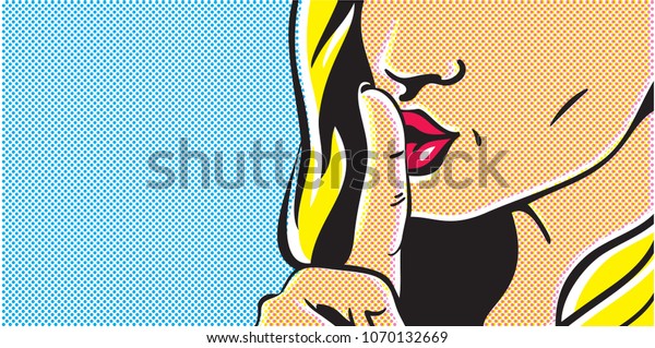 Pop art shhh woman, woman\
with finger on lips, silence gesture, pop art style woman banner,\
shut up