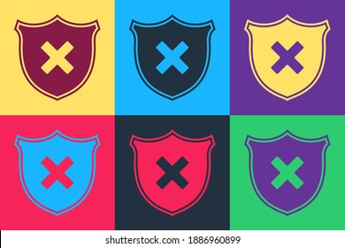 Pop art Shield and cross x mark icon isolated on color background. Denied disapproved sign. Protection, safety, security concept. Vector.