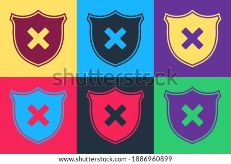 Pop art Shield and cross x mark icon isolated on color background. Denied disapproved sign. Protection, safety, security concept. Vector.
