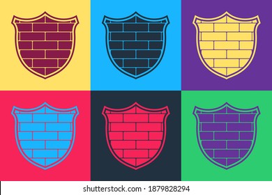 Pop art Shield with cyber security brick wall icon isolated on color background. Data protection symbol. Firewall logo. Network protection. Vector.