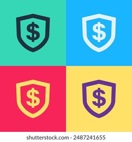 Pop art Shield with dollar symbol icon isolated on color background. Security shield protection. Money security concept.  Vector