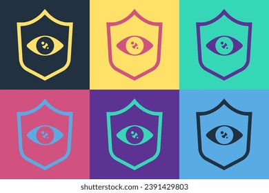 Pop art Shield eye scan icon isolated on color background. Scanning eye. Security check symbol. Cyber eye sign.  Vector