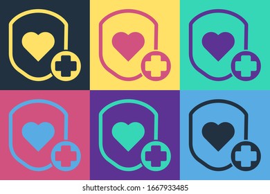 Pop art Shield and heart rate icon isolated on color background. Health protection concept. Health care.  Vector Illustration