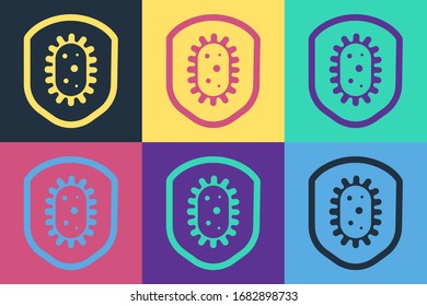 Pop art Shield protecting from virus, germs and bacteria icon isolated on color background. Immune system concept. Corona virus 2019-nCoV.  Vector Illustration