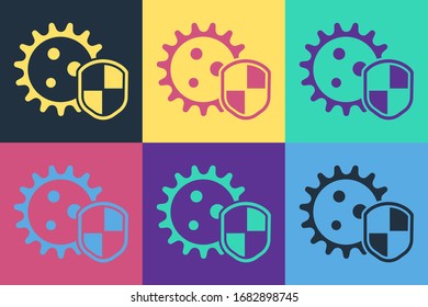 Escudo pop artístico protegido contra virus, gérmenes y bacterias icono aislado en el fondo del color. Concepto de sistema inmunológico. Virus Corona 2019-nCoV. Ilustración vectorial