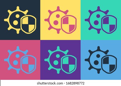 Pop art Shield protecting from virus, germs and bacteria icon isolated on color background. Immune system concept. Corona virus 2019-nCoV.  Vector Illustration