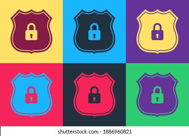 Pop art Shield security with lock icon isolated on color background. Protection, safety, password security. Firewall access privacy sign. Vector.
