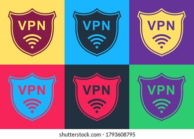 Pop Art Shield With VPN And WiFi Wireless Internet Network Icon Isolated On Color Background. VPN Protect Safety. Virtual Private Network For Security. Vector.