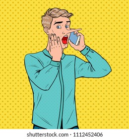 Pop Art Shocked Man with Long Nose Talking on Smartphone. Fake News Concept. Vector illustration