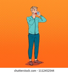 Pop Art Shocked Man with Long Nose Talking on Smartphone. Fake News Concept. Vector illustration