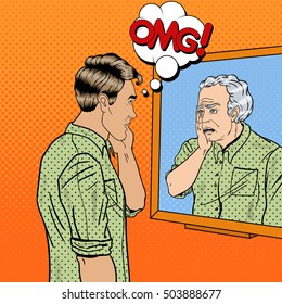 Pop Art Shocked Man Looking At Older Himself In The Mirror. Vector Illustration