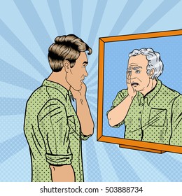 Pop Art Shocked Man Looking At Older Himself In The Mirror. Vector Illustration