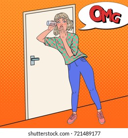 Pop Art Shocked Woman Listening Conversation with Glass. Girl Eavesdrops. Vector illustration