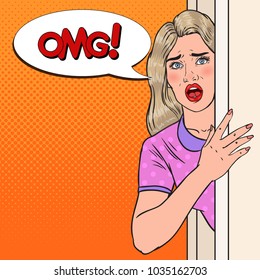 Pop Art Shocked Woman Peeking From Behind a Door. Surprised Girl. Vector illustration