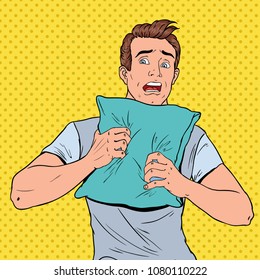 Pop Art Shoked Man Hiding on the Pillow. Screaming Nervous Guy. Vector illustration