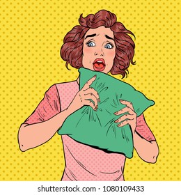 Pop Art Shoked Woman Hiding On The Pillow. Screaming Nervous Girl. Vector Illustration