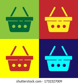 Pop art Shopping basket icon isolated on color background. Online buying concept. Delivery service sign. Shopping cart symbol. Vector Illustration