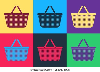 Pop art Shopping basket icon isolated on color background. Online buying concept. Delivery service sign. Shopping cart symbol. Vector.