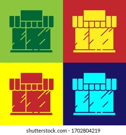 Pop art Shopping building or market store icon isolated on color background. Shop construction. Vector Illustration