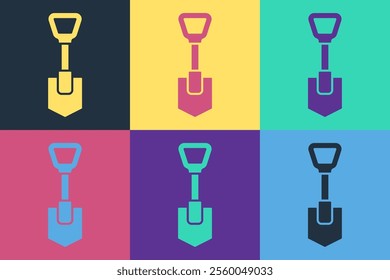 Pop art Shovel icon isolated on color background. Gardening tool. Tool for horticulture, agriculture, farming.  Vector