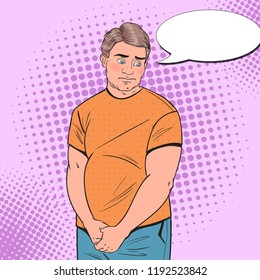 Pop Art Shy Fat Man. Overweight Ashamed Young Guy. Unhealthy Eating. Vector illustration