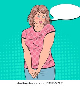Pop Art Shy Fat Woman. Overweight Ashamed Young Girl. Unhealthy Eating. Vector Illustration