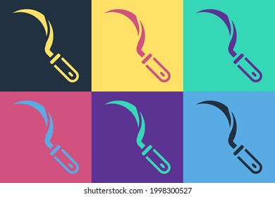 Pop art Sickle icon isolated on color background. Reaping hook sign.  Vector