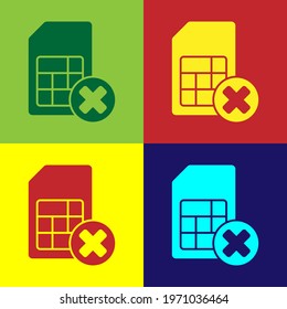 Pop art Sim card rejected icon isolated on color background. Mobile cellular phone sim card chip. Mobile telecommunications technology symbol.  Vector
