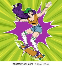 Pop art skater girl with longboard jumping from the purple splash on the green background