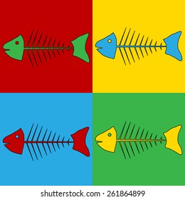 Pop art skeleton of fish symbol icons. Vector illustration.