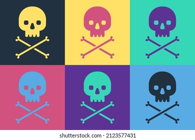 Pop art Skull on crossbones icon isolated on color background.  Vector Illustration