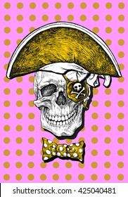 Pop art of skull with pirate accessories - colored vector illustration