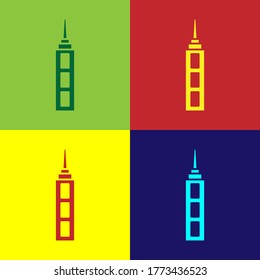 Pop art Skyscraper icon isolated on color background. Metropolis architecture panoramic landscape. Vector