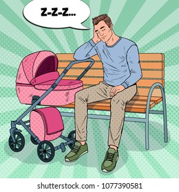 Pop Art Sleepless Young Father Sitting on the Park Bench with Baby Stroller. Parenting Concept. Exhausted Man with Newborn Child. Vector illustration