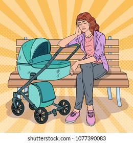 Pop Art Sleepless Young Mother Sitting on the Park Bench with Baby Stroller. Motherhood Concept. Tired Woman with Newborn Child. Vector illustration