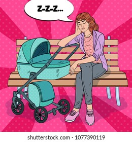 Pop Art Sleepless Young Mother Sitting on the Park Bench with Baby Stroller. Motherhood Concept. Exhausted Woman with Newborn Child. Vector illustration