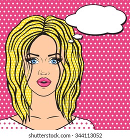 Pop art sleepy blonde woman with messy hair and think bubble for your message, cute woman in pajamas in comics style